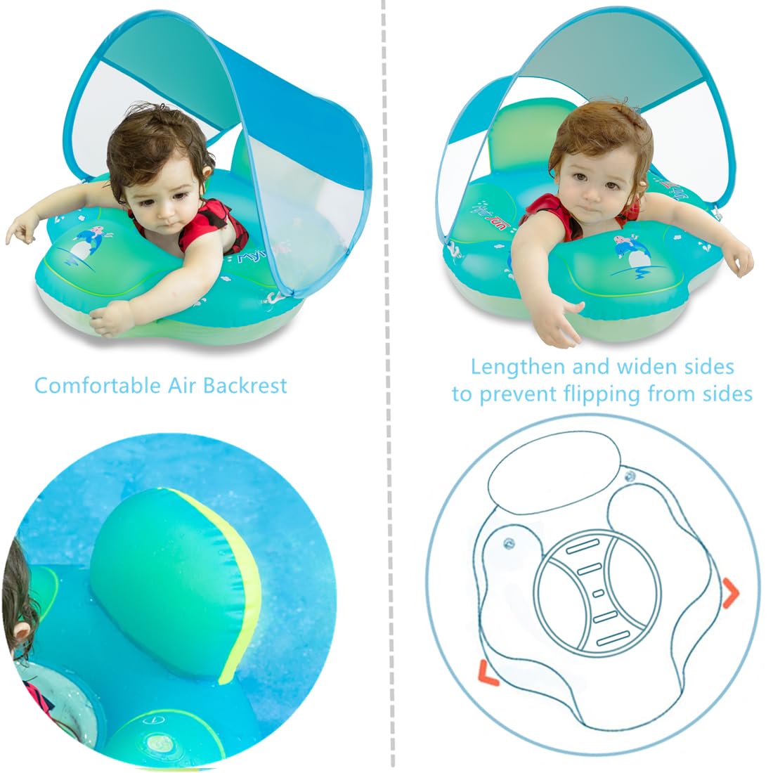 Myir Jun Baby Pool Float With Canopy, Inflatable Baby Pool Float Toddler Float Children Baby Float For Pool Baby Swim Trainer Toddler Swim Float (Blue, L,Float With Canopy)