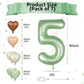 Biapian 40 Inch Sage Green Number 5 Balloons, 7Pcs Gaint Number 5 Balloon With 18'' Retro Foil Heart Balloons Helium For Neutral