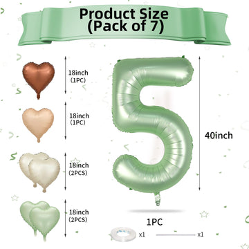 Biapian 40 Inch Sage Green Number 5 Balloons, 7Pcs Gaint Number 5 Balloon With 18'' Retro Foil Heart Balloons Helium For Neutral
