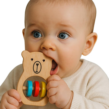 Shumee Wooden Baby Bear Rattle & Teether Wooden Montessori Toy For Babies (0-6 Months), Lightweight & Safe Enhances Grasping Woo
