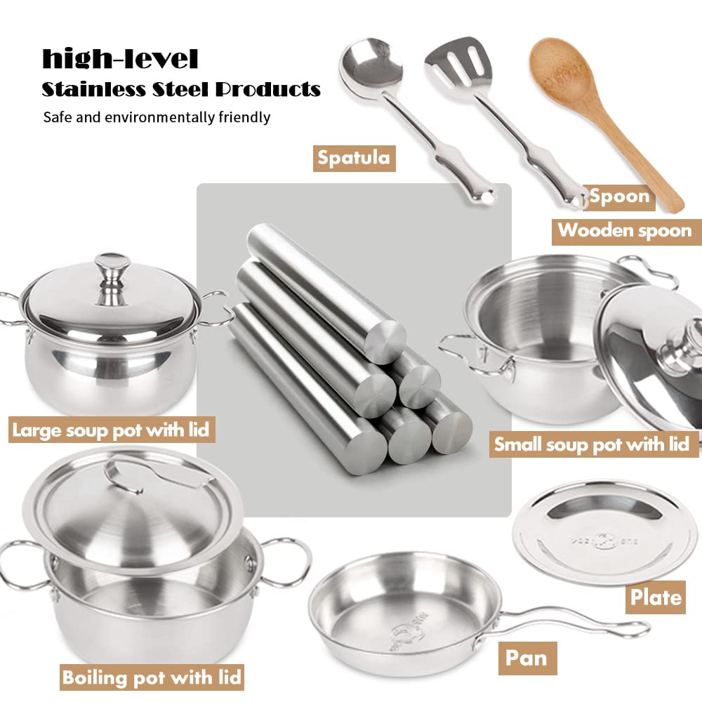 Pretend Play Kitchen Cooking Toys with Stainless Steel Cookware Play Pots and Pans Set