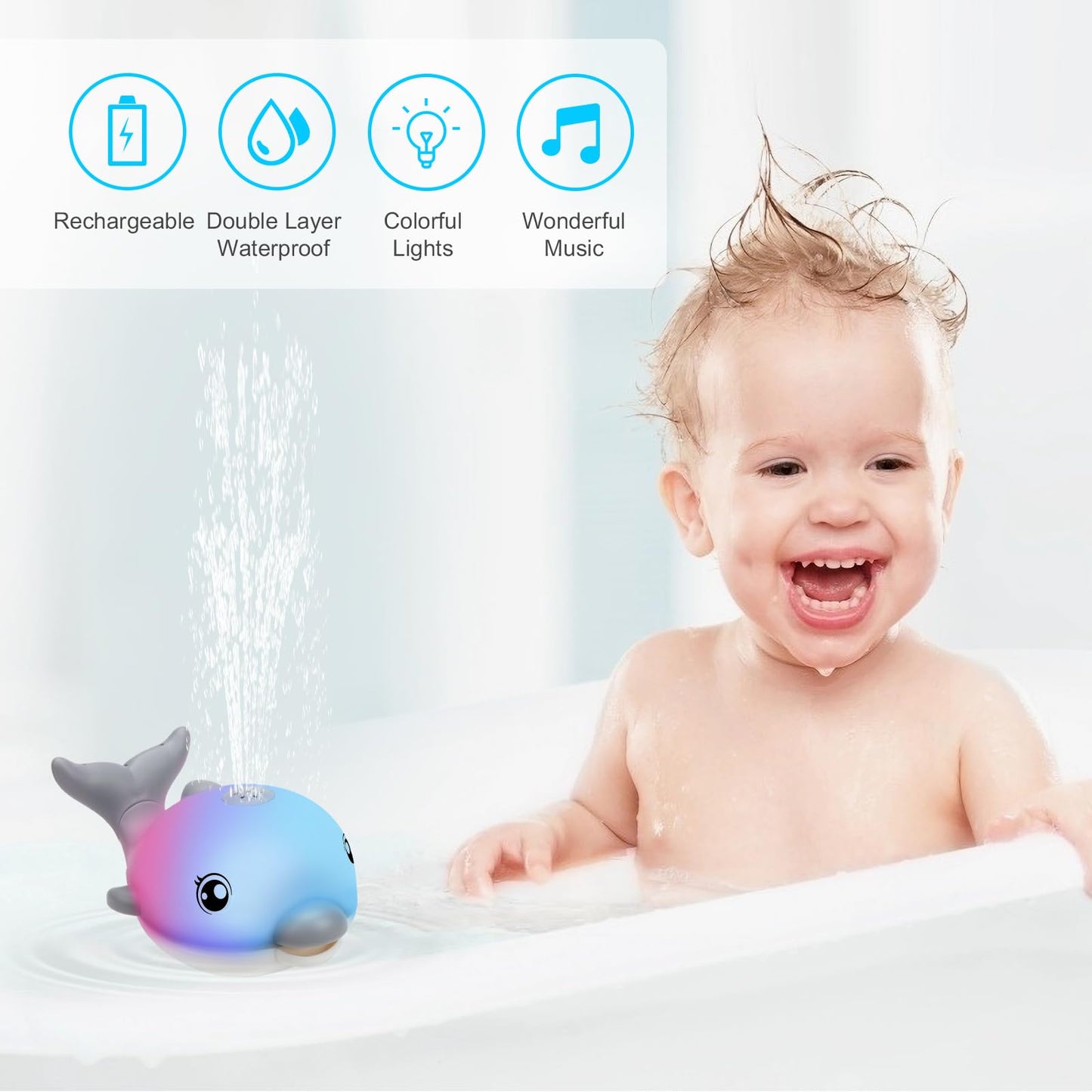 2024 Upgraded Bath Toys, Rechargeable Baby Bath Toys, Dolphin Spray Water Light Up Musical Toys 6-12 12-18 Months, Sprinkler Water Pool Bathtub Toys For Toddlers 1-3 2-4 Boys Girls Infant Kids - Grey
