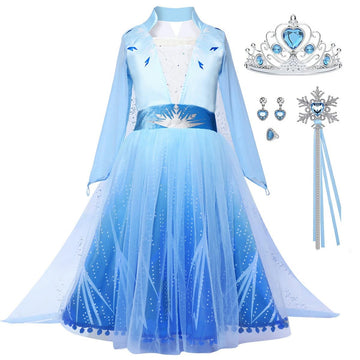 Luzlen Girls Princess Costume Kids Queen Halloween Cosplay Party Blue Dress With Accessories, 6-7 Years(Label 140)