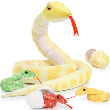 Morismos Giant Snake Stuffed Animal Mommy With Babies, Realistic Stuffed Snakes Plush Toy, 80' Long Yellow Boa Constrictor For Kids, Girls, Boys, 3 Snake Babies, 2 Snake Eggs
