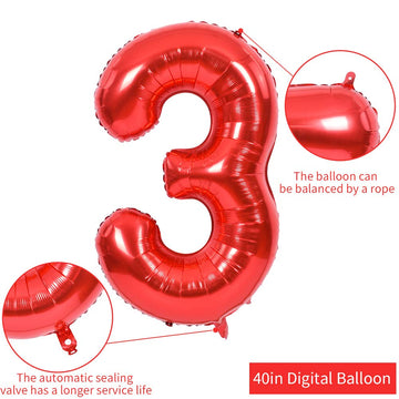 Toniful 40 Inch Red Large Numbers Balloons 0-9, Number 3 Digital 3 Helium Balloons, Foil Mylar Big Number Balloons For Birthday