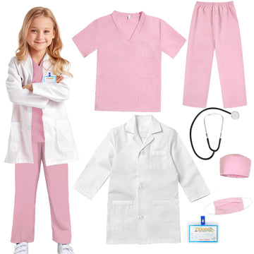 COTATERO Doctor Scrubs Costume for Kids With Stethoscope Lab Coat Career Day Costume Halloween Dress Up For Boys Girls 3-12 (Light Pink  XL-140/7-8Y)