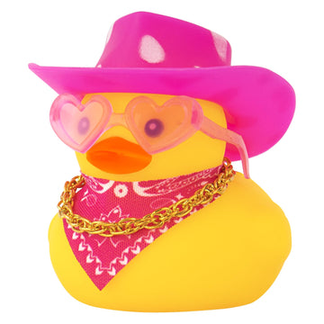 Wonuu Car Rubber Cowboy Duck, Yellow Ducks Decoration Dashboard With Cowboy Hat Necklace Sunglasses, White Spots Pink