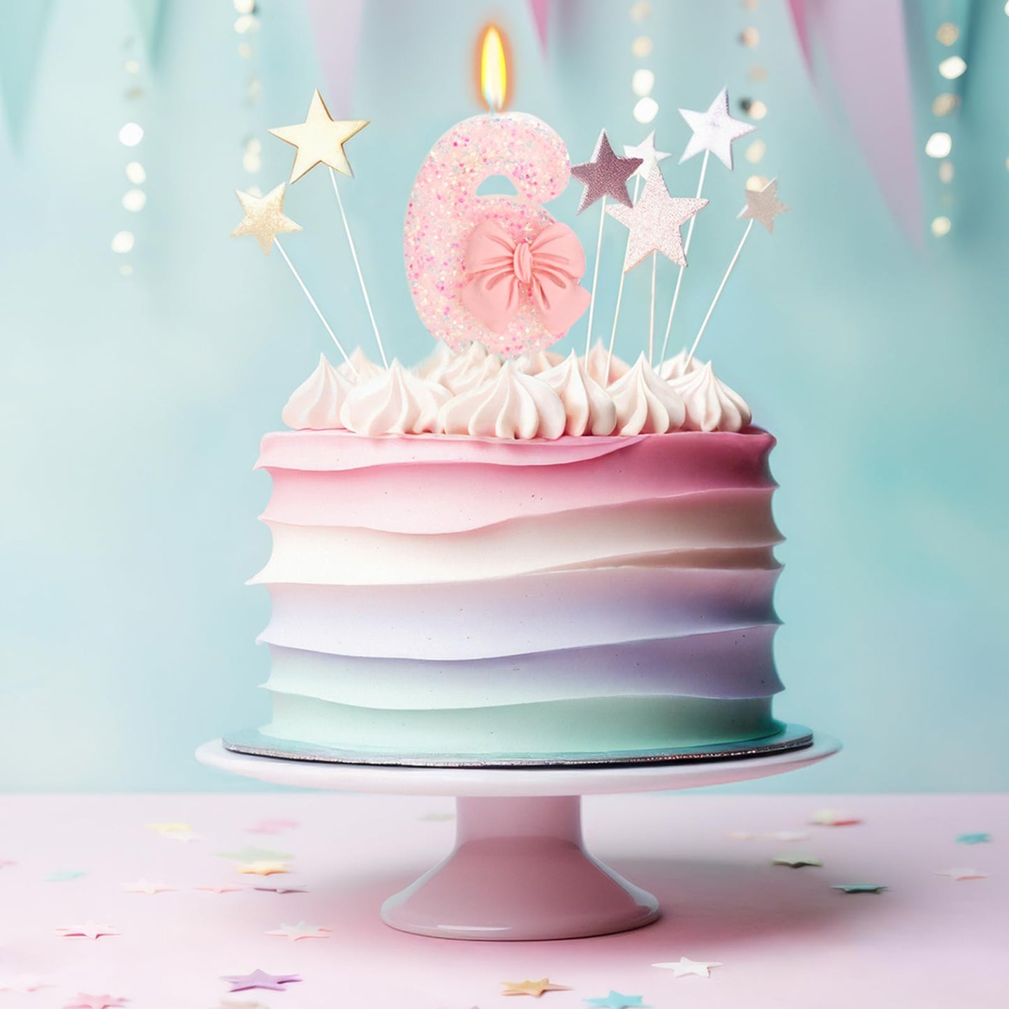 ElekFX Birthday Candle for Cake, 6 Candle - Pink Glitter with Bowknot, 2.76 inch Happy Birthday Candle, Cake Topper Decoration f