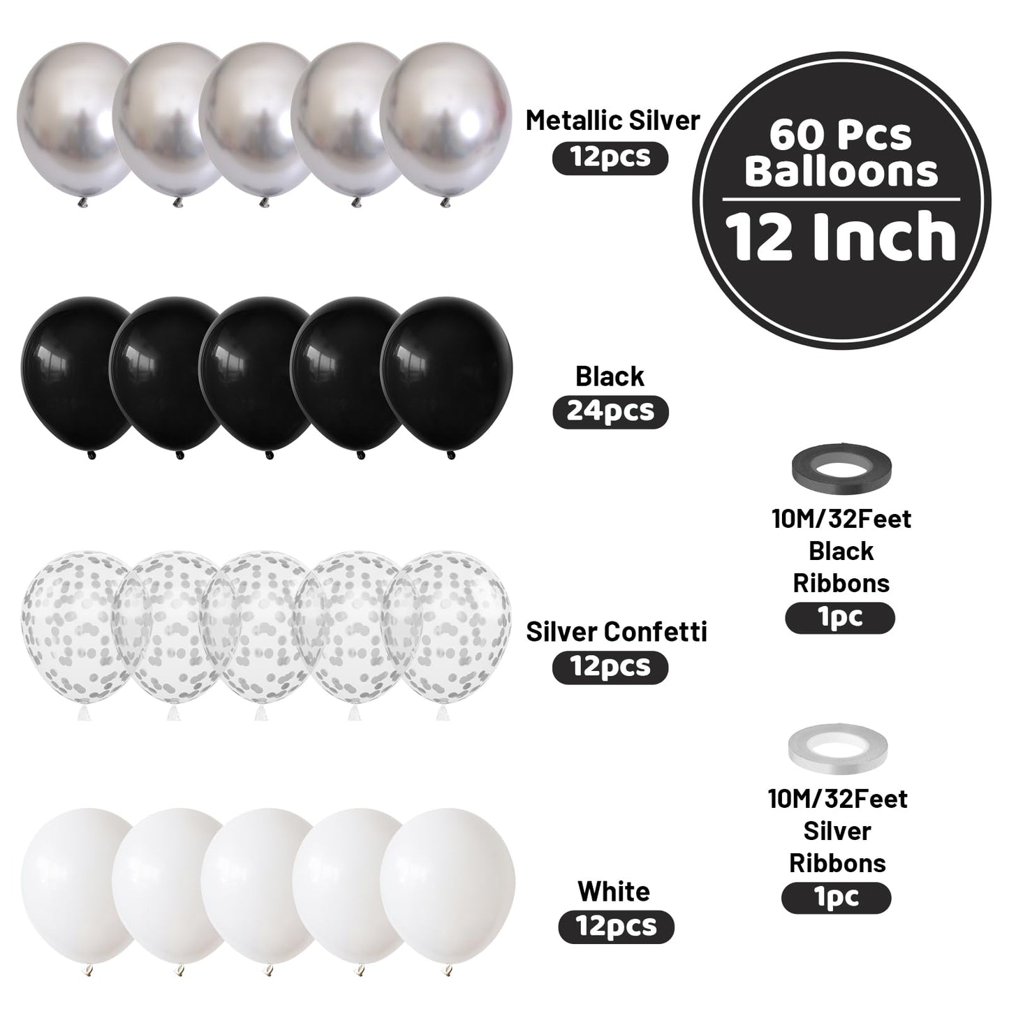 Funhot Black And Silver Balloons Set, 60Pcs Black Silver Party Balloon, 12Inch Matt Black Latex Balloons Metallic Silver Confett