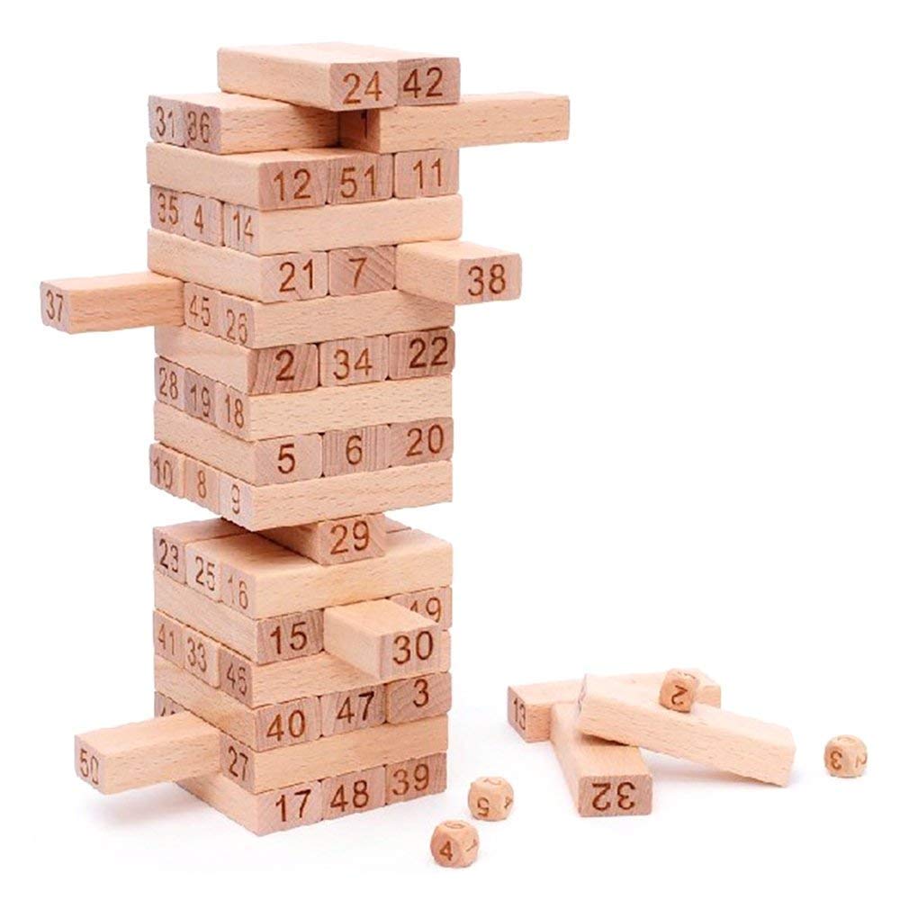 Sellrama Wooden Numbered Stacking Tower Block Game With 4 Dice, Classic Tumbling Strategy Game, Beechwood, 54 Blocks, For Kids A
