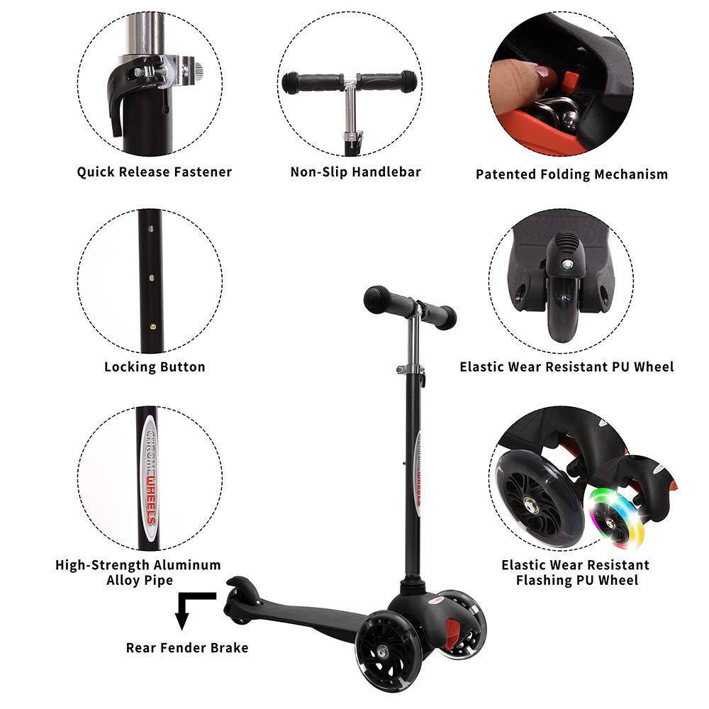 Chromewheels Scooter For Kids, Deluxe 4 Adjustable Height 3 Wheels Glider With Kick, Lean To Steer With Led Flashing Light, Black