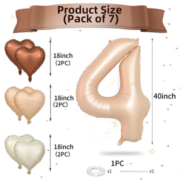 Biapian 40 Inch Light Brown Number 4 Balloons, Caramel Giant 4Th Birthday Balloons With Foil Cream Heart Balloon Helium For 4Th