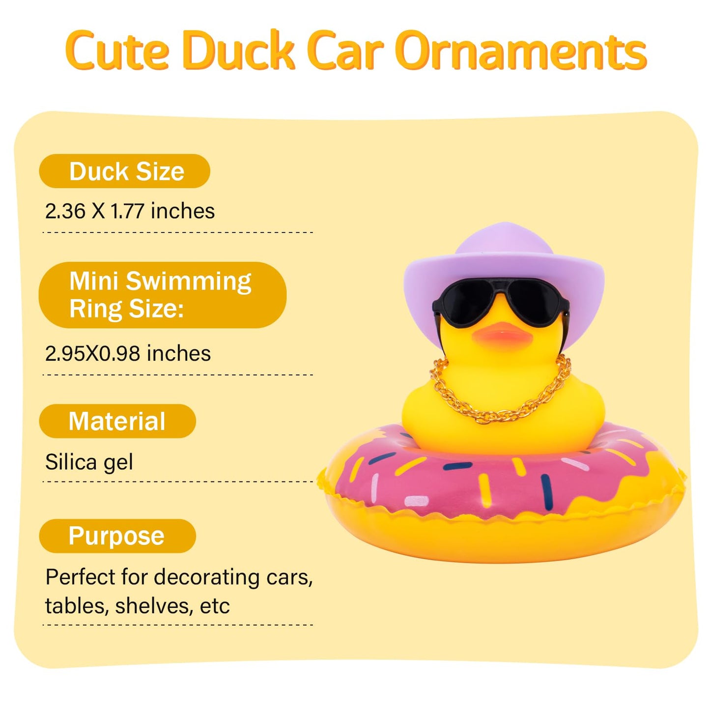 Wonuu Car Rubber Duck, Yellow Duck Decoration Dashboard With Sun Hat Swim Ring Necklace Sunglasses For Car Dashboard Decorations, Purple Cowboy Hat-Purple Donut