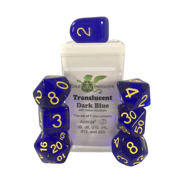 Role 4 Initiative Polyhedral Dice - Translucent Dark Blue W/Yellow And Arch'D4 (7)