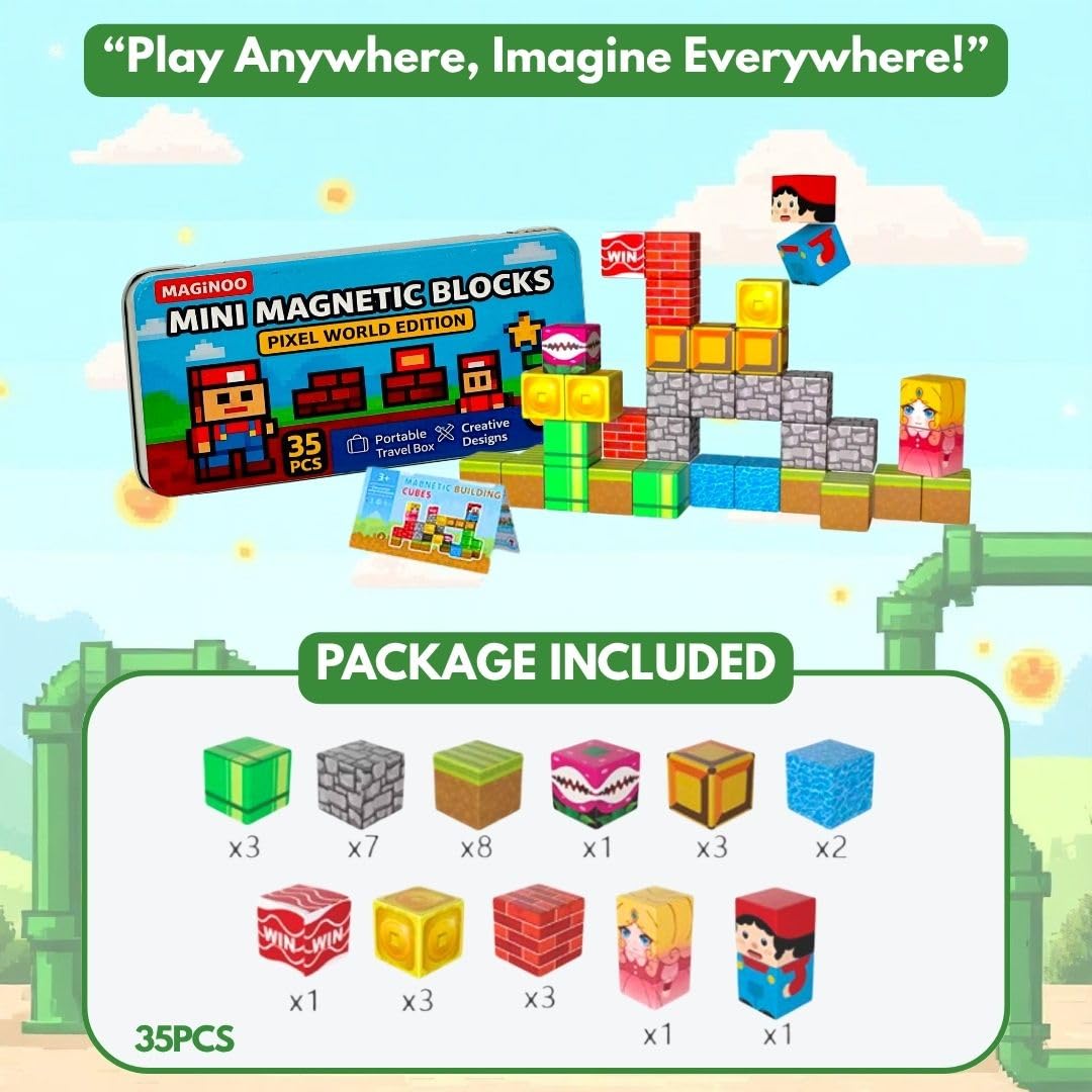 35PCS Pixel World Edition Mini Magnetic Blocks - Creative 3D Building Cubes, STEM Educational Travel Magnet Toy with Iron Box, S