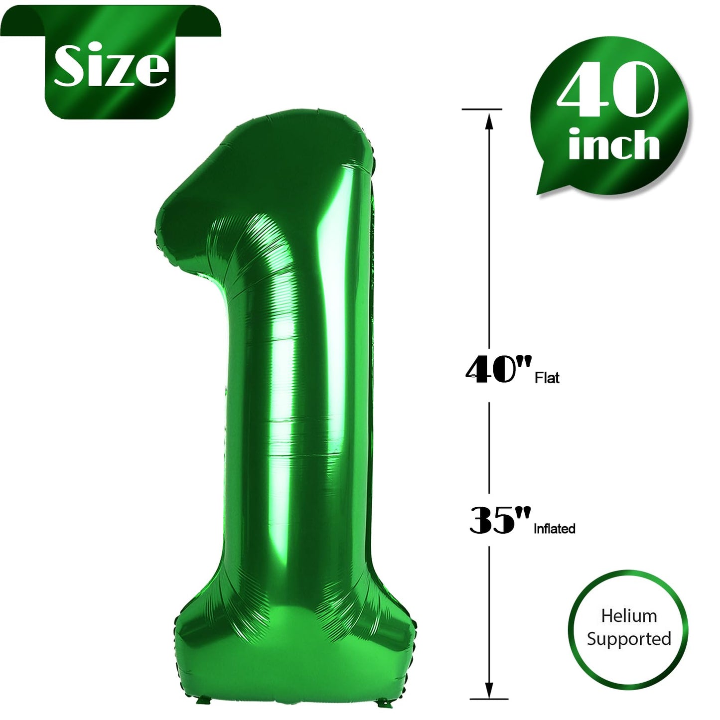 40 Inch Green 1 Balloon For First Birthday, 1St Number Balloons Birthday Decorations For Girl Boy Kids Toddler Baby, One Giant N