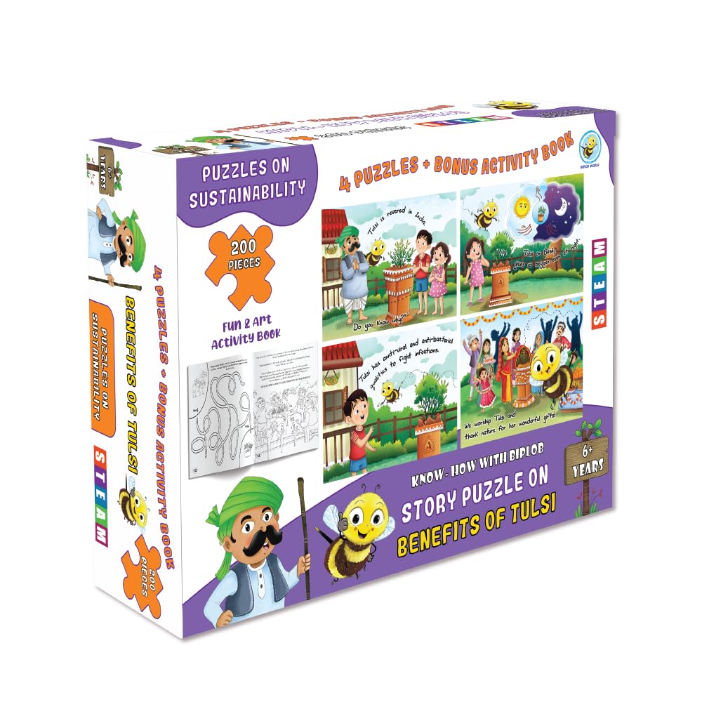 Educational StoryBased Puzzle Set for Kids | 4 Jigsaw Puzzles & 1 Activity Book on Benefits of Tulsi | S.T.E.A.M Learning: Sust
