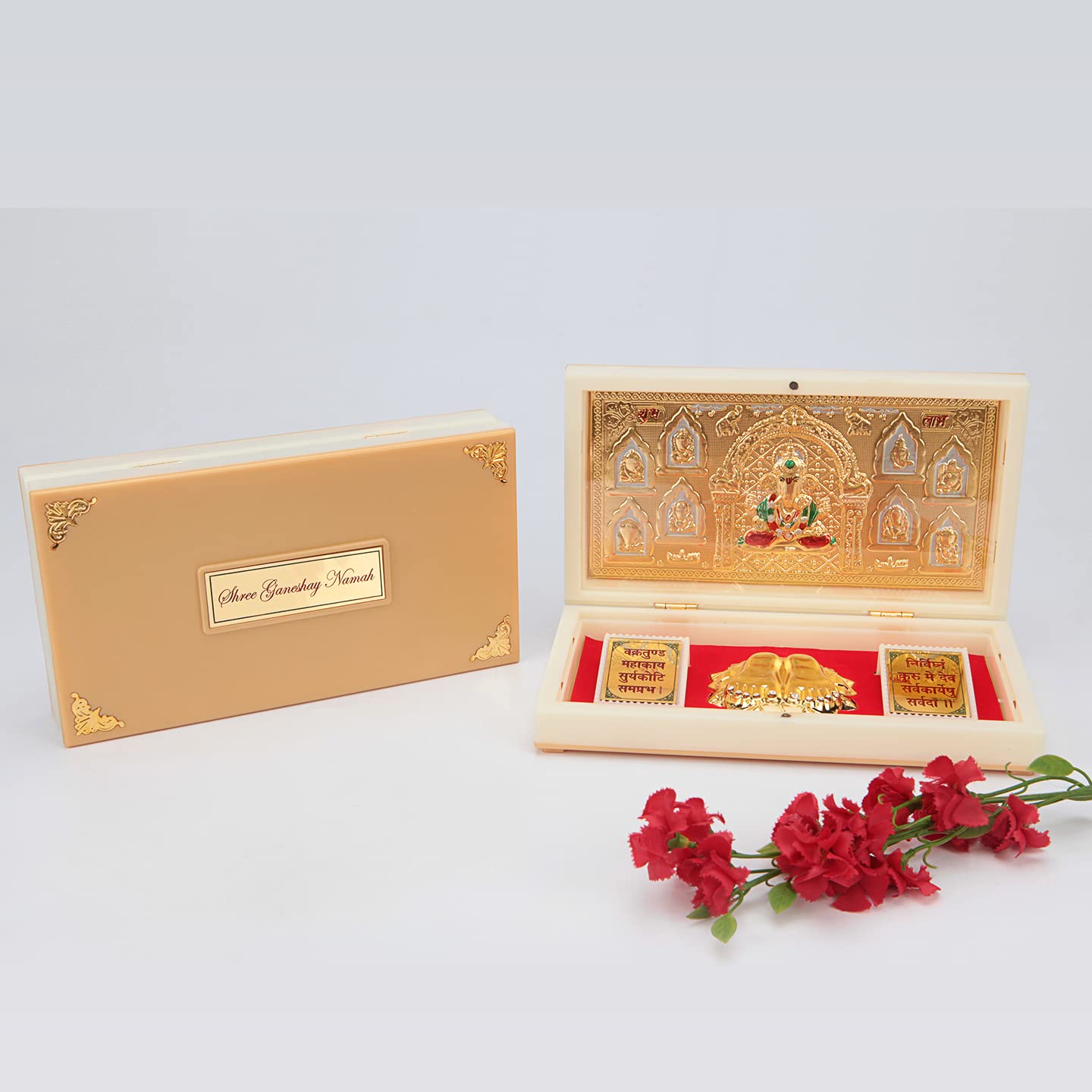 ARNAVIRA Gold Plated Photo Frame with Charan Paduka Pocket Temple for House Warming Gifts Return Gift Diwali Gift Puja Box (Dagu