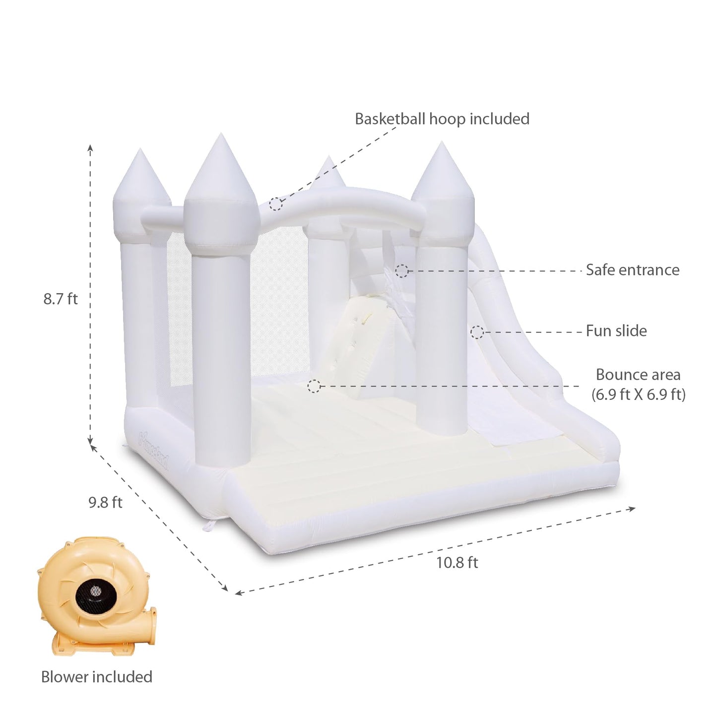 Bounceland Castle Palace Daydreamer Cloud Bounce House, 10.8 Ft L X 9.8 Ft W X 8.7 Ft H, Basketball Hoop, Ul Blower Included, Trendy Neutral Color, Fun Slide & Bounce Area, Castle Theme For Kids