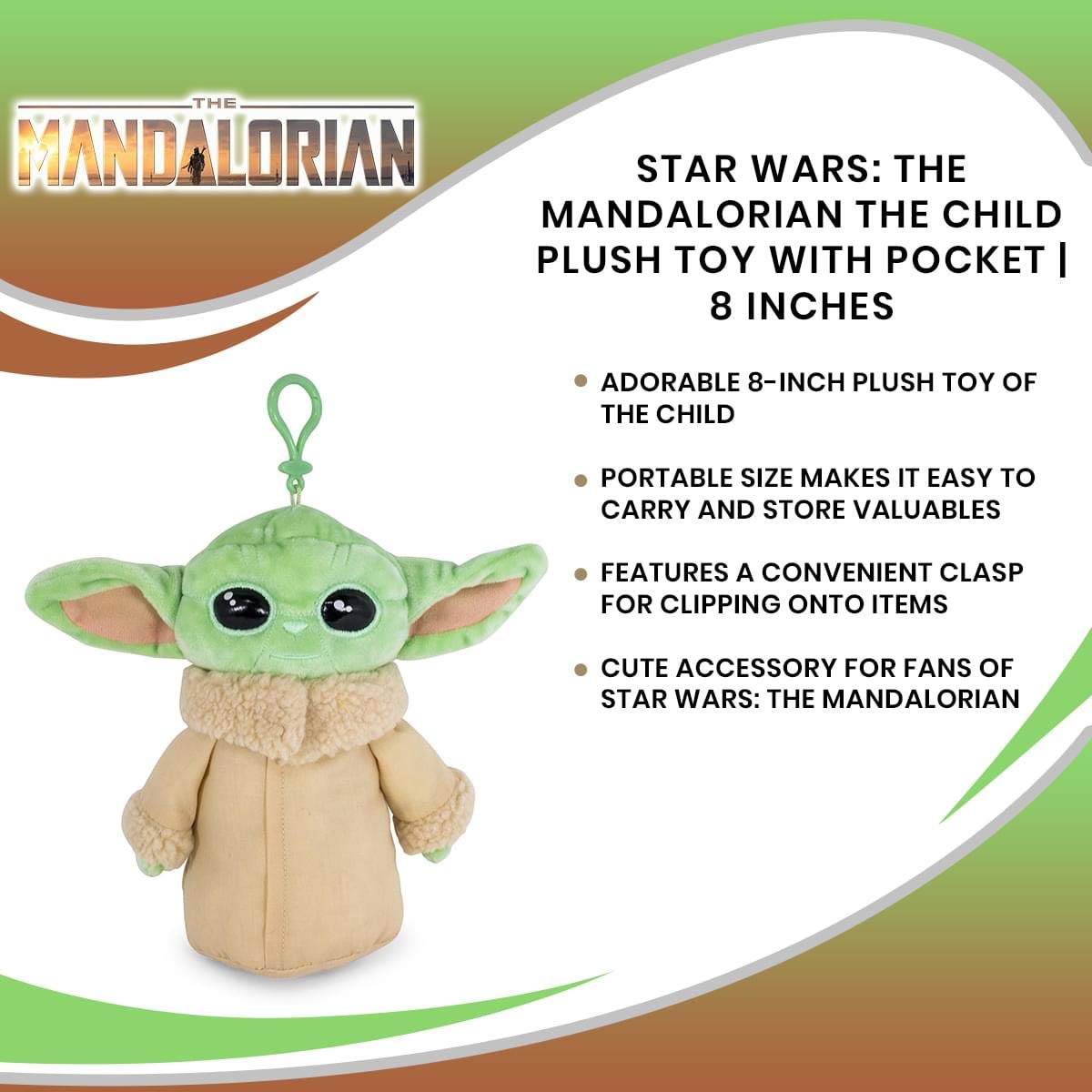 Star Wars: The Mandalorian The Child 8-Inch Small Plush Toy With Pocket Zipper | Baby Yoda Plush Clip-On Doll | Super Soft Stuffed Animals Plushie