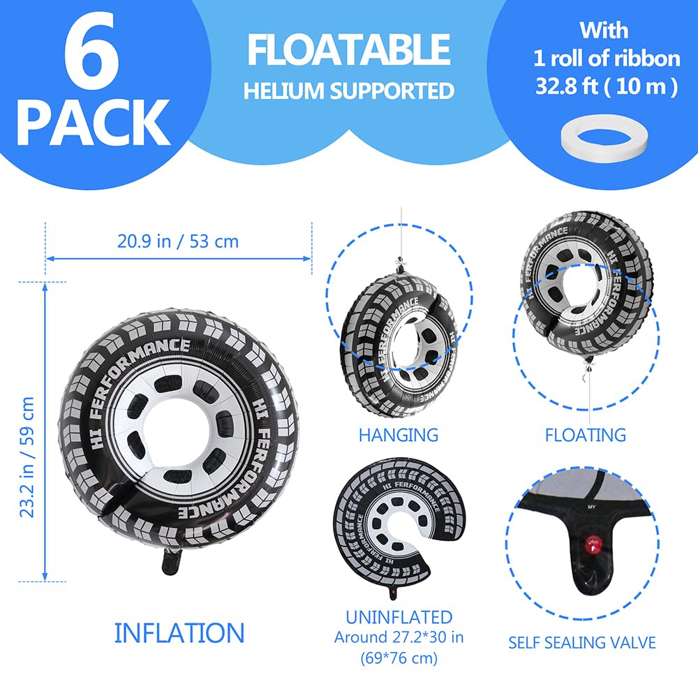 Deermon 30 Inch Black Car Wheel Tire Party Balloons, Classic Large Racing Car Hot Wheels Mylar Foil Balloon For Men and Boys Rac