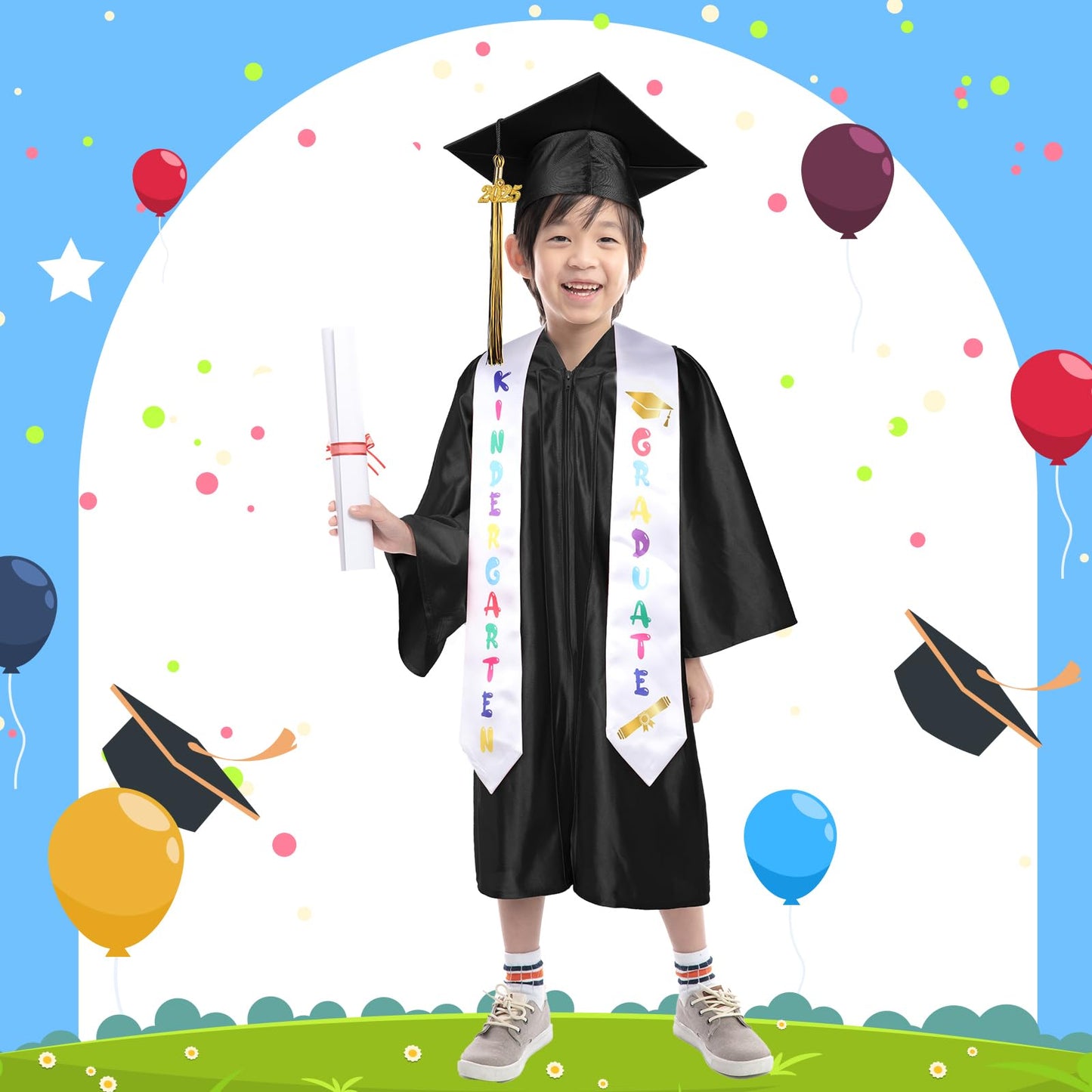 Sasylvia Kindergarten Preschool Graduation Gown Cap Set With 2025 Tassel Graduation Stole Rings Certificate For Toddler Kids(Siz