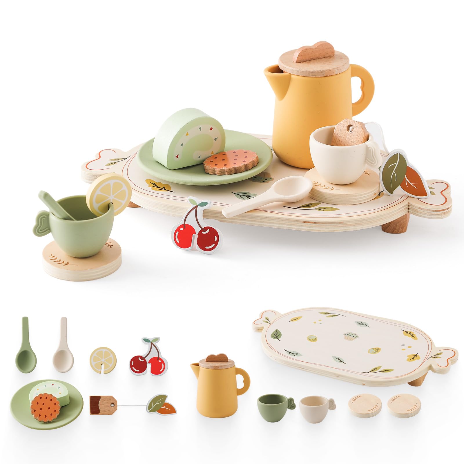 Tea Party Set for Kids - Wooden Tea Set for Little Girls 14PCS Silicone Toddler Tea Set Kitchen Accessories Pretend Play Toy Tea