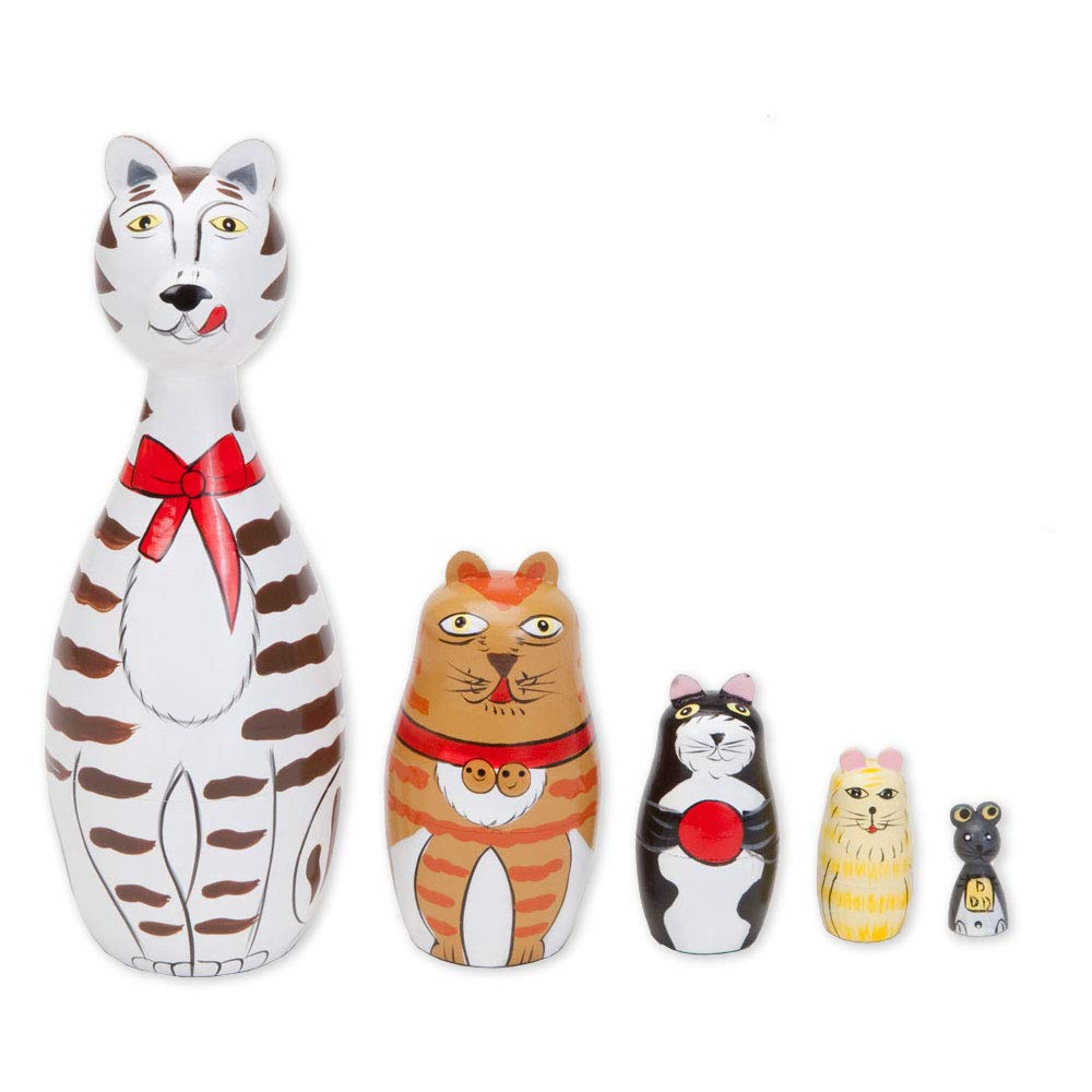 Bits And Pieces - ''Cleo & Friends Nesting Cats-Hand Painted Wooden Nesting Dolls Matryoshka - Set Of 5 Dolls From 7'' Tall With