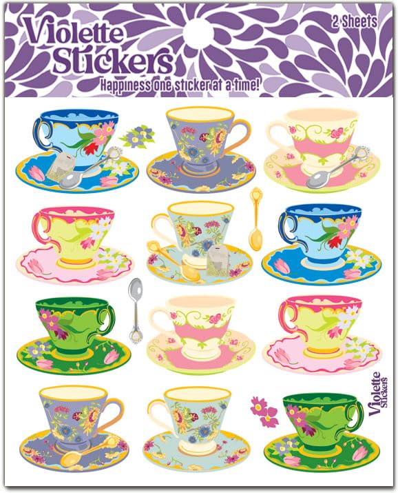 English Teatime Stickers By Violette Stickers, Clear & Waterproof Tea Cup Stickers For Kids, Beautifully Detailed Miniature Coff