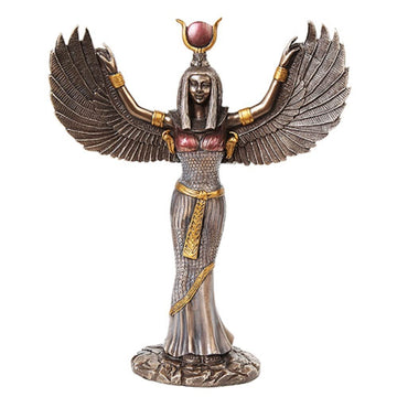 Egyptian Theme Isis Mythological Bronze Finish Figurine With Open Wings Goddess Of Magic Statue Sculpture