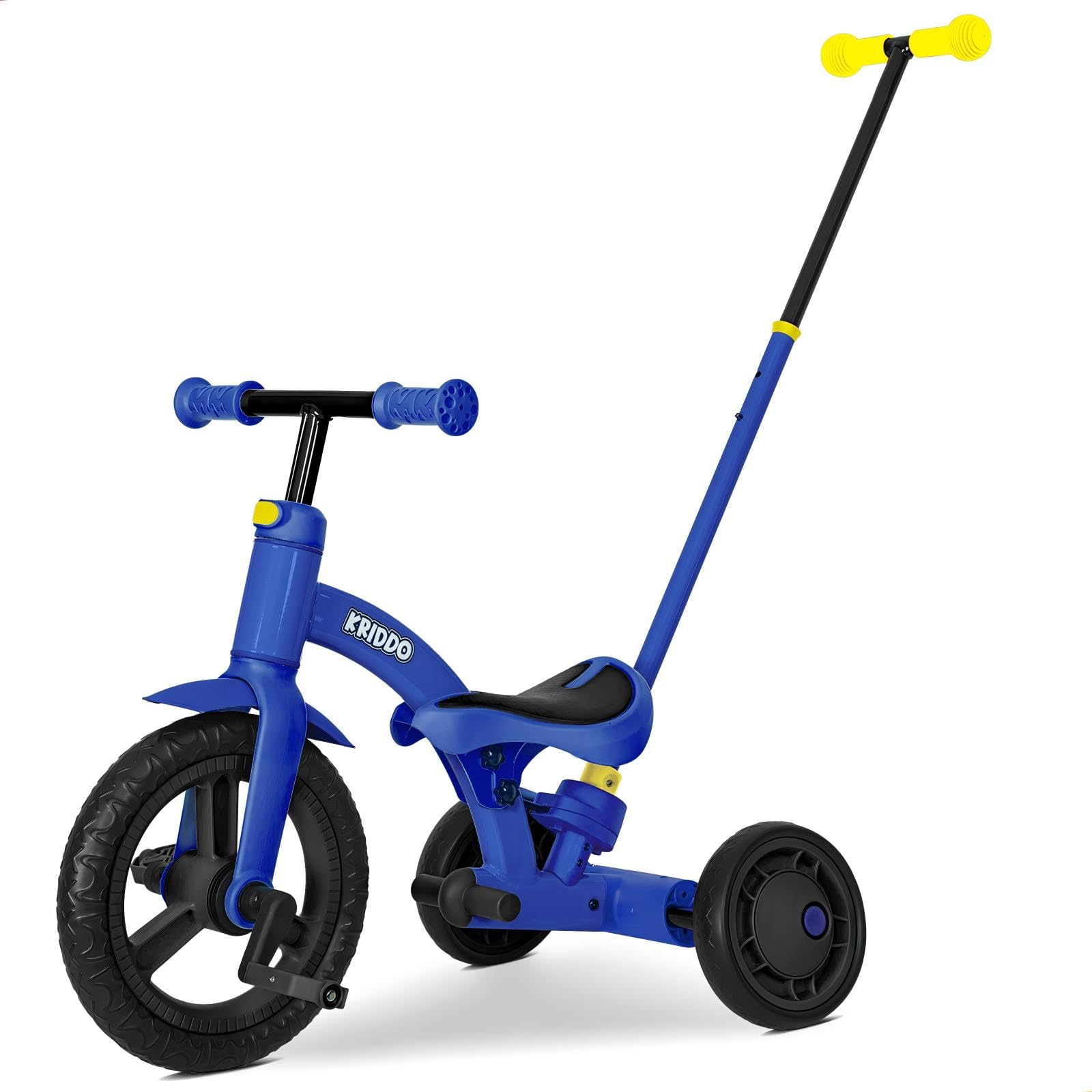 Kriddo 4-In-1 Kids Tricycle For 1.5 To 3 Yea Old With Parent Steering Push Handle, 12 Inch Front Wheel Trike, Toddler Balance Bike For Boys Girls 18 Months To 3 Years, Adjustable Height, Blue