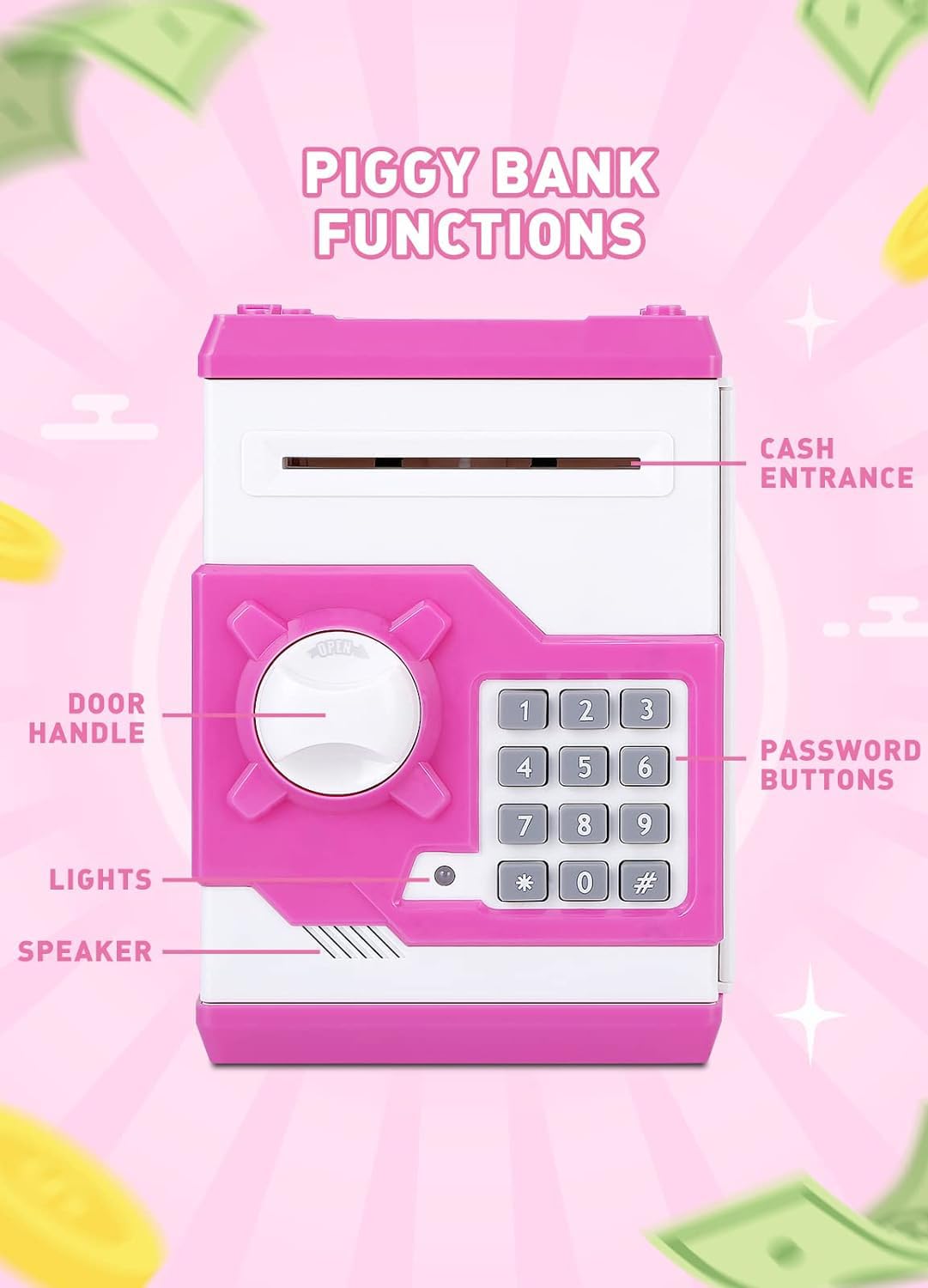 Playsheek Piggy Bank For Girls Boys Large Electronic Money Coin Banks With Password Protection, Automatic Paper Money Scroll Saving Box, Great Gift For Kids (Pink-White)