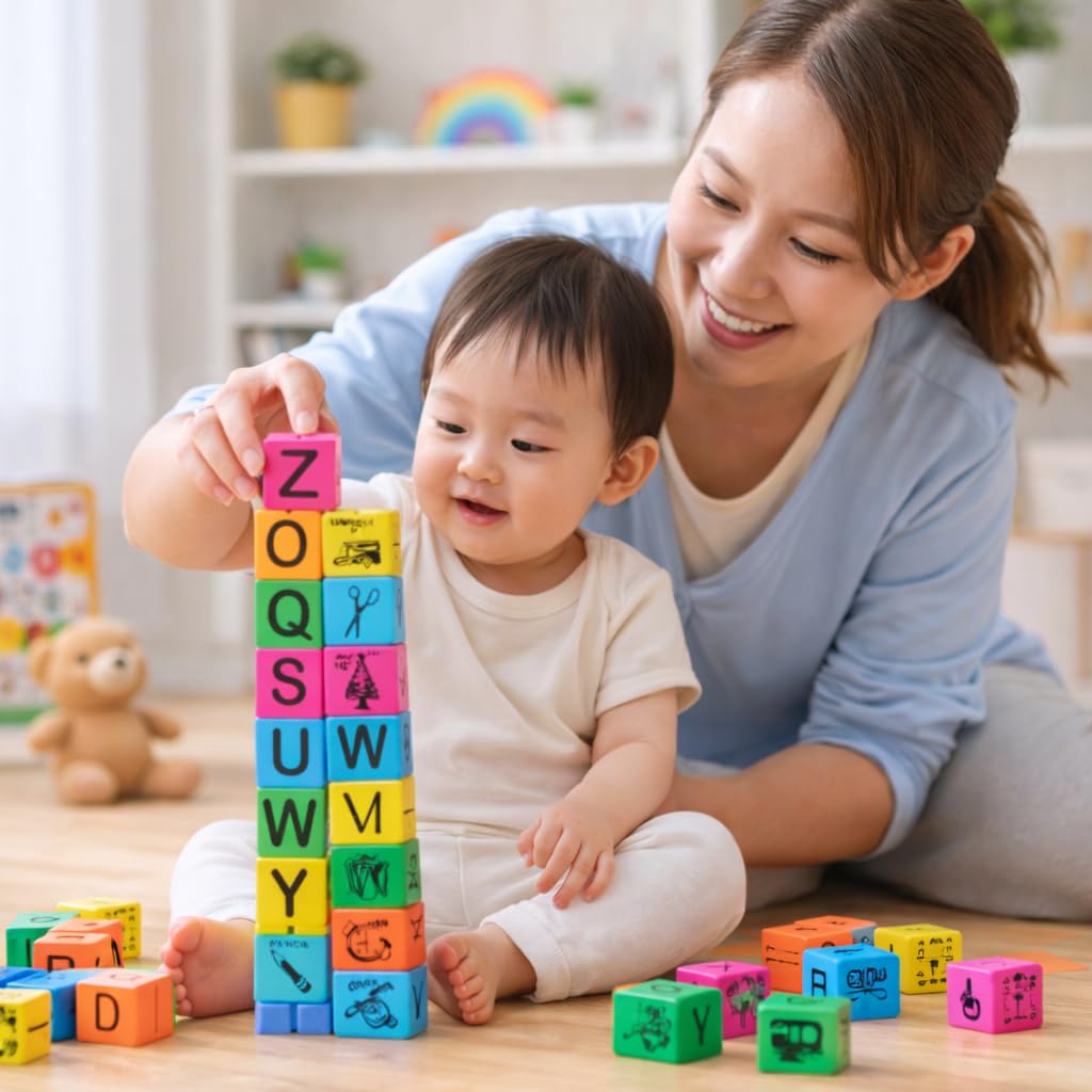 STEM, Kids Educational Toys, Alphabet Blocks for Toddlers 3 Years, ABC Learning Toy Cubes, Stacking Building Blocks Set, Brain D