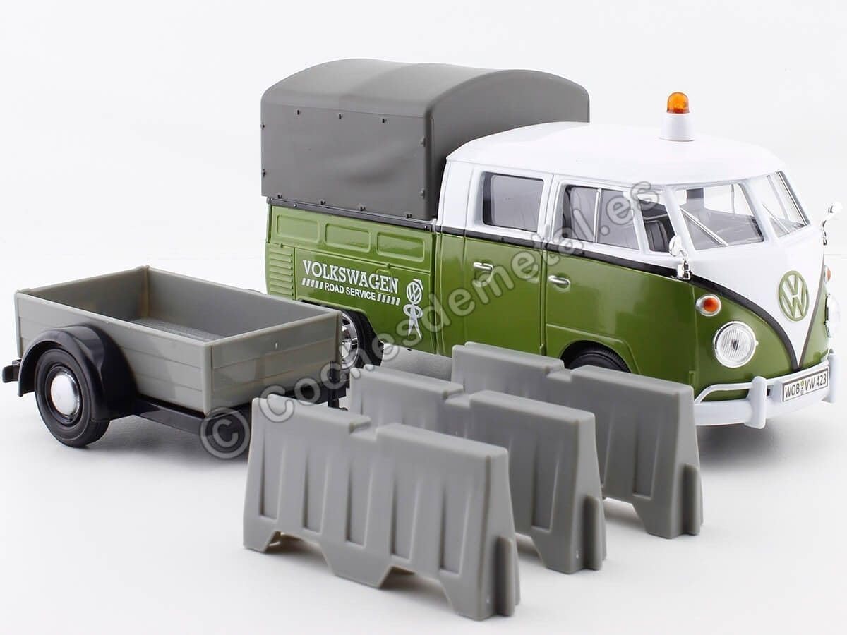 Motormax 79676 Volkswagen T1 Pickup with Canopy Green & White with Trailer Road Service 1-24 Scale Diecast Model Car