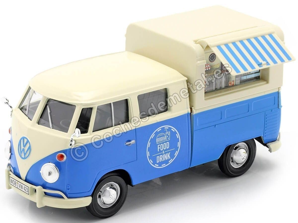 Motormax Volkswagen Type 2 (T1) Pickup Food Truck Cream And Blue 1/24 Diecast Model Car