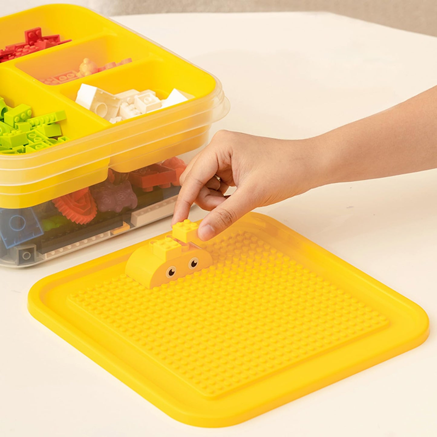 Toys Storage Organizer Bins For Lego, Building Blocks Storage With Building Baseplate Lid, Storage Containers For Building Brick Storage Plastic Stackable Organizer Bin Toy Chest (Yellow)
