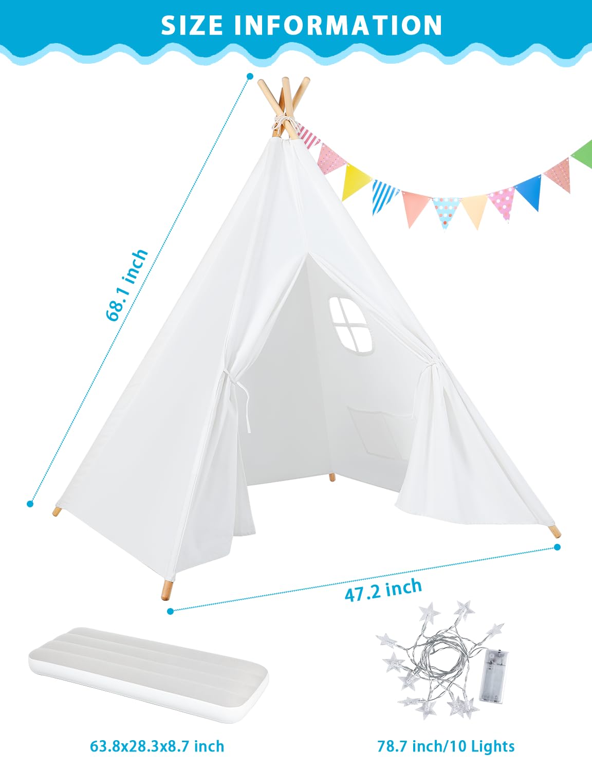 Wilwolfer 6 Pack Kids Teepee Tent Bulk With Light And Inflatable Airbed, Natural Cotton Toddler Play Tent For Girls Boys Indoor