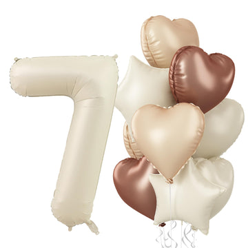 7Th Birthday Balloons Decor, Helium Beige Cream Neutral 7 Balloon, Brown Tan White Sand Taupe Heart Balloon With Foil Nude Star