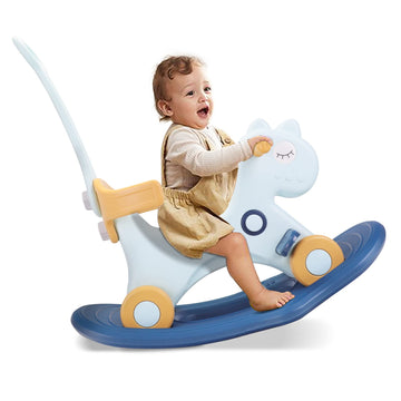 Ancaixin 4 in 1 Rocking Horse - Balance Bike Ride On Toy for Toddlers, Large, Blue, with Push Handle and Backrest