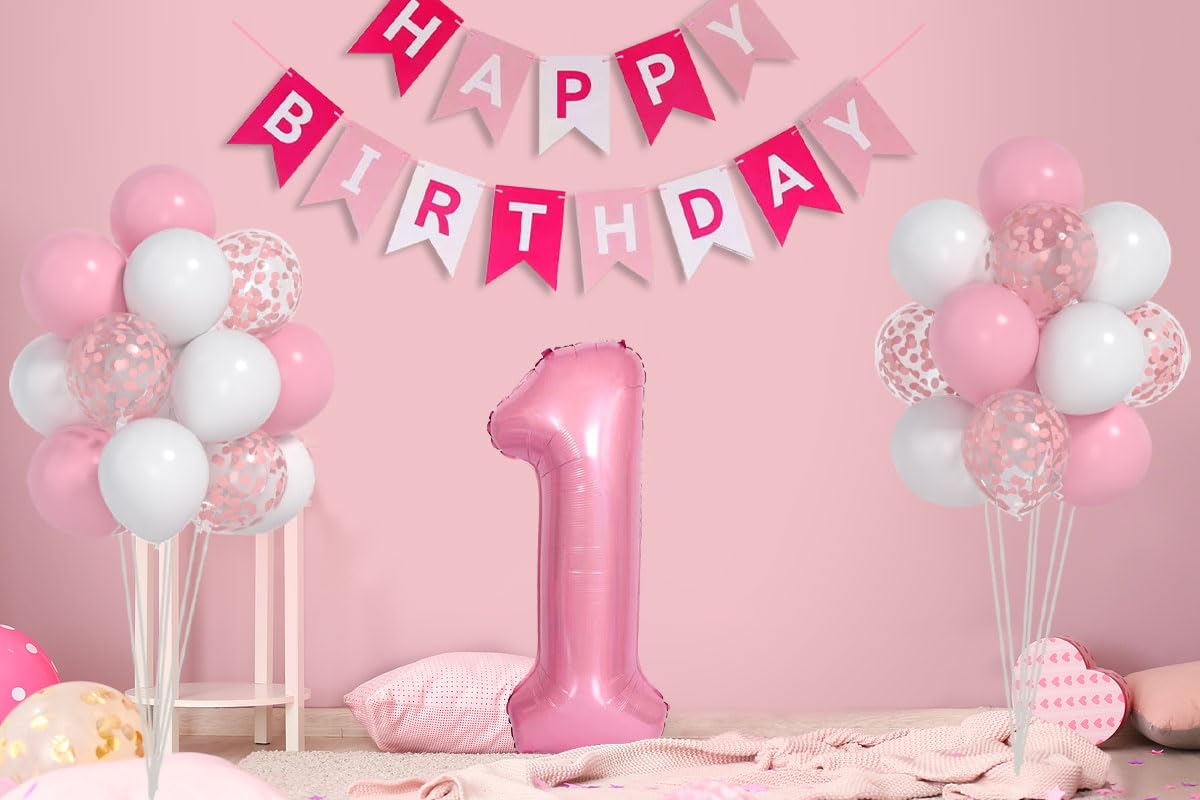 Yumiche First Birthday Decorations for Girl - Pink Balloon Set, 40" '1' Balloon, White Confetti, Happy Birthday Banner
