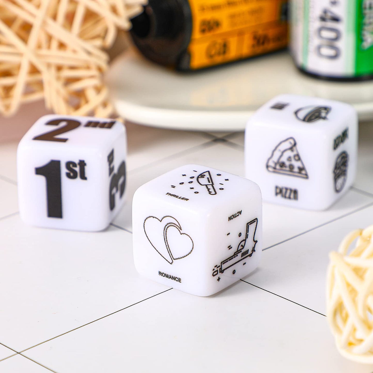 Landhoow 3 Pcs Dinner and a Movie Decider Dice Valentines Day Gifts for Him Her Decision Dice with a Black Velvet Storage Bag fo