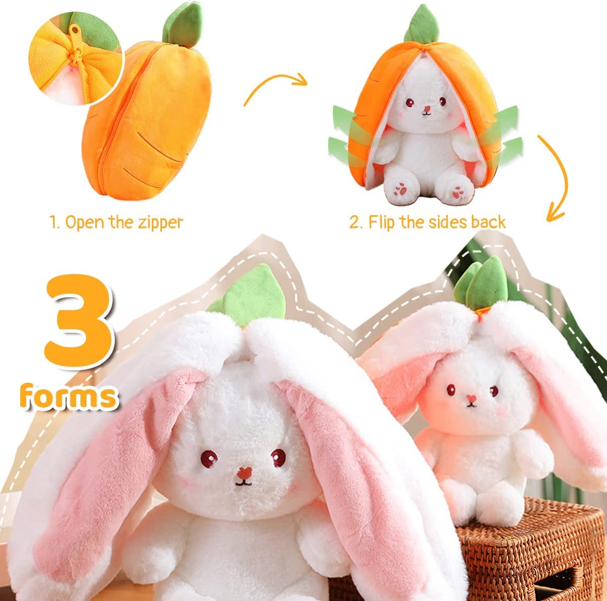 Miaodam 13.7 Inch Easter Bunny Stuffed Animal, Kawaii Squishy Cute Easter Bunny Plush Turn Into Rabbit Fruit Doll Carrot Strawberry Pillow, Plushies Funny Bunny Toy For Baby