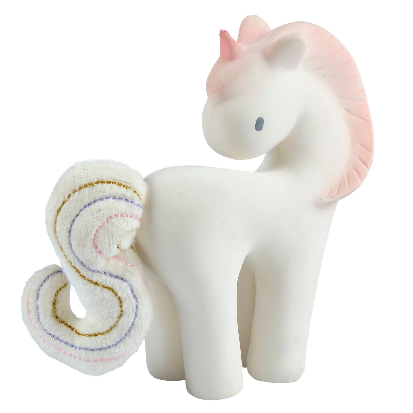 Tikiri Fairytales Cotton Candy Unicorn Natural Rubber Rattle With Crinkle Tail (White)