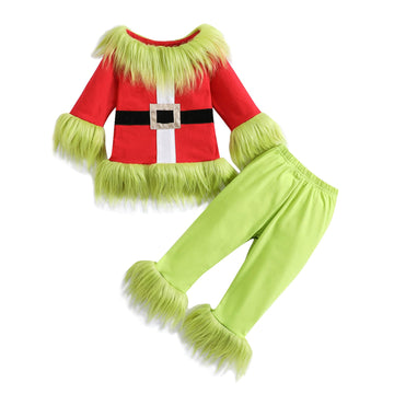 Toddler Kids Christmas Outfit Infant Baby Boy Girl Green Monster Costume Santa Elf Matching Cosplay Clothes Pant Set (Green&Red,