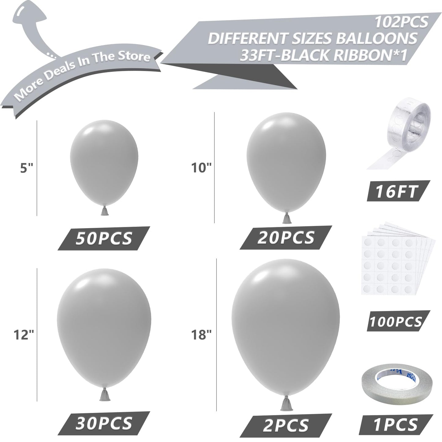 Nisocy Gray Balloon Garland Kit, 102Pcs 18In 12In 10In 5In Pastel Gray Balloons Different Sizes For Baby Shower, Birthday Celebr