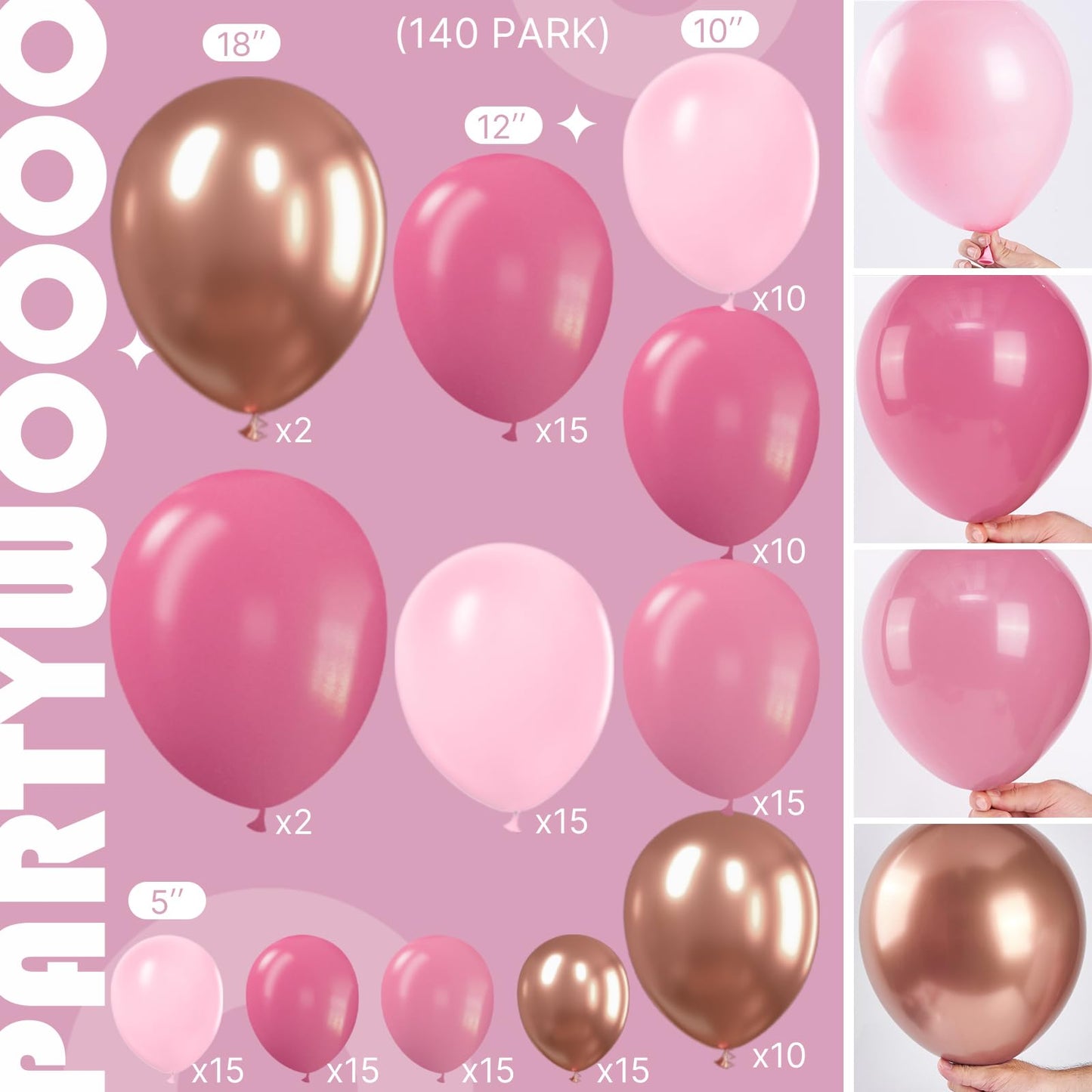 Partywoo Boho Pink And Rose Gold Balloons, 140 Pcs Boho Pink And Metallic Rose Gold Balloons Different Sizes Pack Of 18 Inch 12 Inch 10 Inch 5 Inch For Balloon Garland Or Arch As Party Decorations