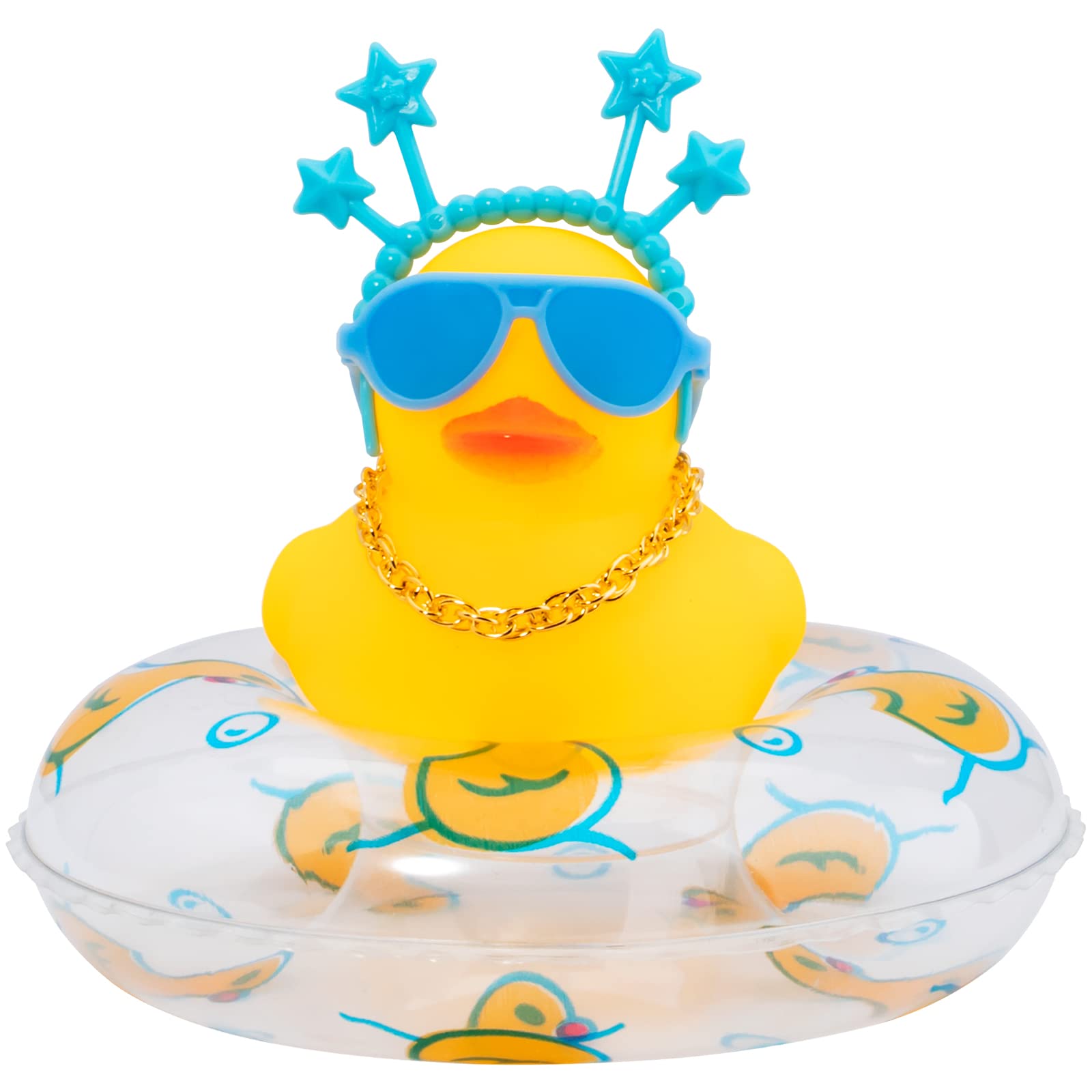 wonuu Car Duck Rubber Duck Car Ornaments Duck Car Dashboard Decorations with Cute Headband Swim Ring Necklace Sunglasses  B-Blue Star Headband-Transparent
