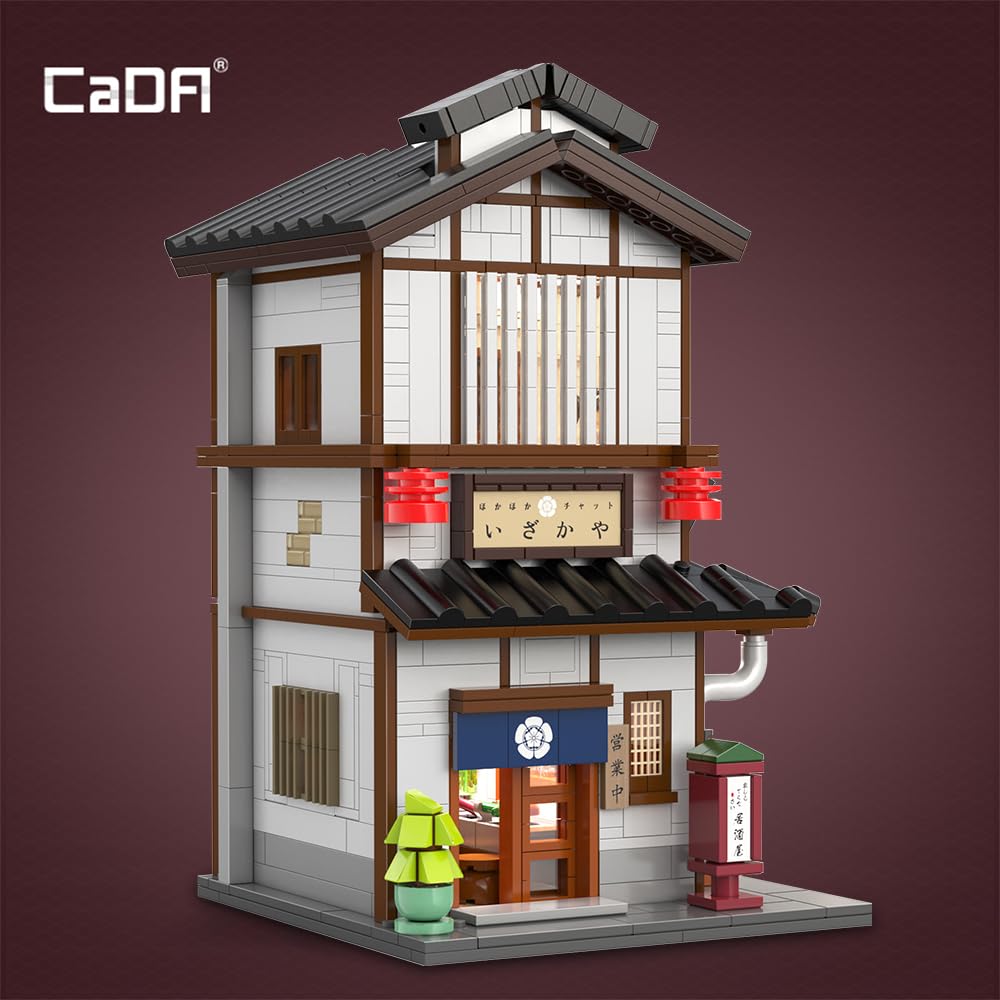 CaDA Japanese Style Yakitori Izakaya House Building Set, 1195PCS, Medium, C66019W, Modular Brick Kit with Lights for Adults