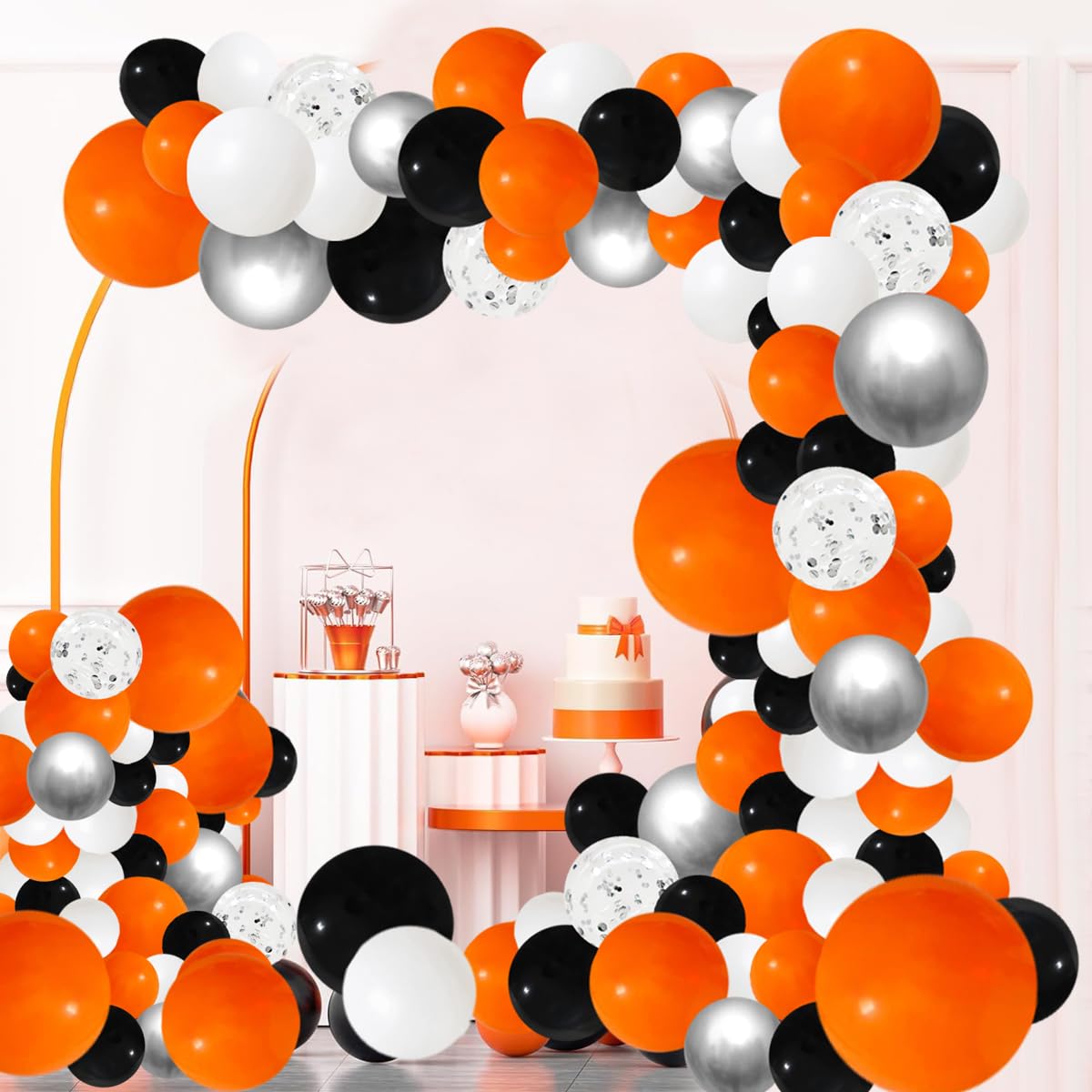 Orange Black Balloon Garland Arch Kit, 127Pcs Orange Black White Balloons Metallic Silver Confetti Balloons For Birthday Graduat