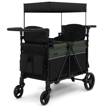 Delta Children - Jeep Wrangler Deluxe 4 Seater Stroller Wagon - enhanced Quad Stroller Wagon for 4 Kids with Convertible Seats  Adjustable Push/Pull Handles  Removable Canopy & Flat Fold  Black/Green